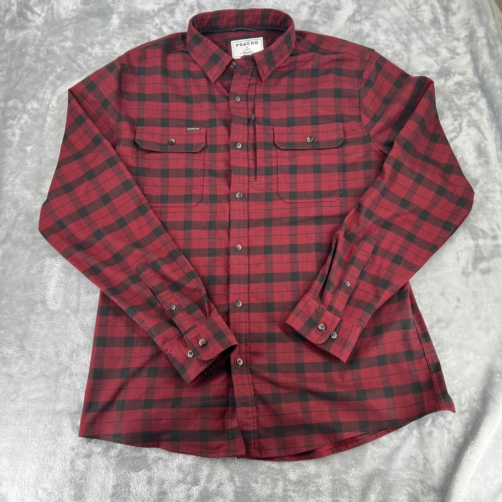 Poncho Outdoors Mens XL Slim Fit Red Black Plaid Magnetic Pocket Flannel Shirt